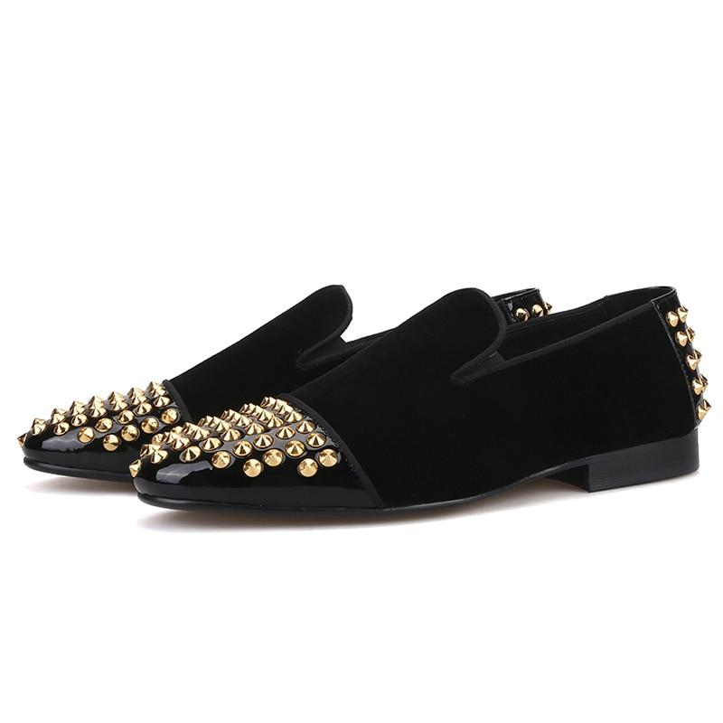 OneDrop Men Handmade Dress Shoes Velvet Front Rear Gold Spikes Party Wedding Prom Loafers Black / 9