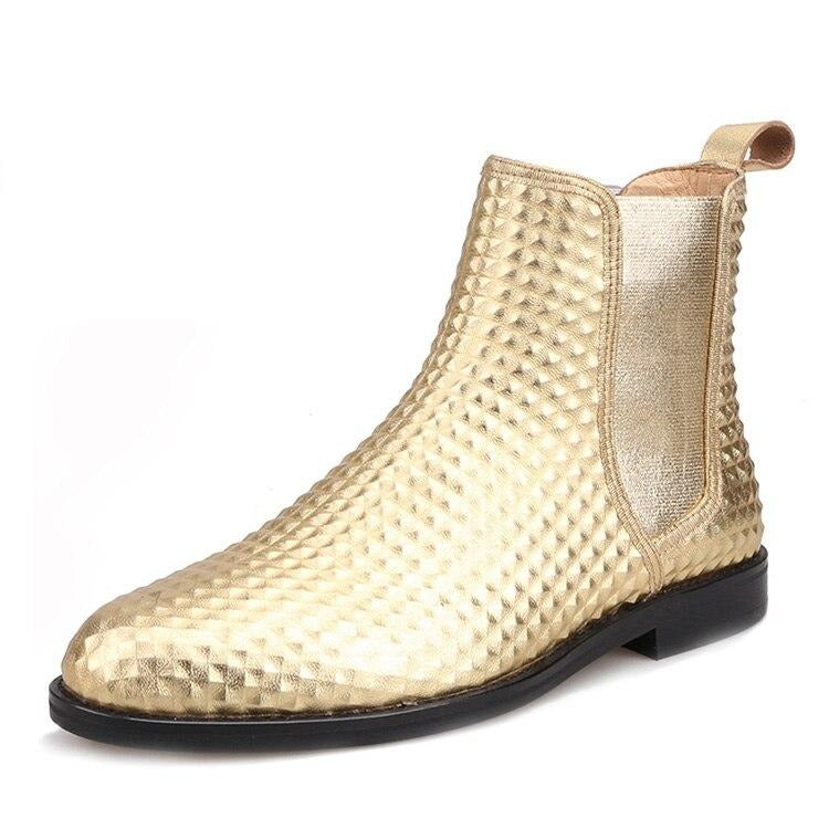 OneDrop Men Handmade Gold Embossed Leather Chelsea Boots Party Ankle Boot