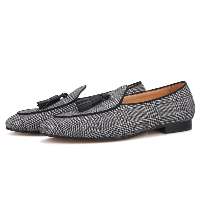 OneDrop Handmade Men Dress Shoes Gingham Cotton Wedding Party Prom Loafers Banquet Slippers Gray / 5
