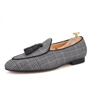 OneDrop Handmade Men Dress Shoes Gingham Cotton Wedding Party Prom Loafers Banquet Slippers