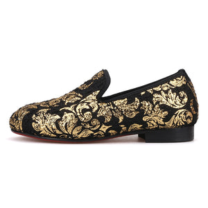 OneDrop Children Velvet Kid Handmade Gold Print Party Wedding Prom Loafers