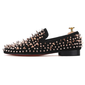 OneDrop Handmade Men Rose Gold Spiked Black Cow Leather Red Bottom Party Wedding Prom Loafers