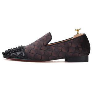 OneDrop Handmade Brown Velvet Men Studded Shoes Red Bottom Party Wedding Prom Banquet Loafers