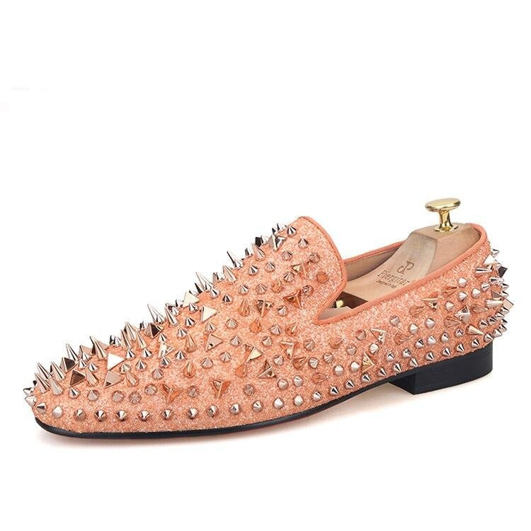 mens rose gold dress shoes OneDrop Men Handmade Spikes Red Bottom Party Wedding Banquet Prom Orange Loafers Orange / 6.5 mens dress boots y2k Wash:CLOUD WASH Deluxe Mrs. Claus Costume