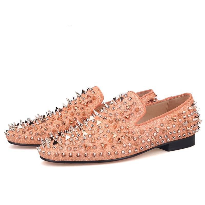 Men's Leather Spikes Loafers Gold Shoes with Red Bottom Slip on Slippers  Flats