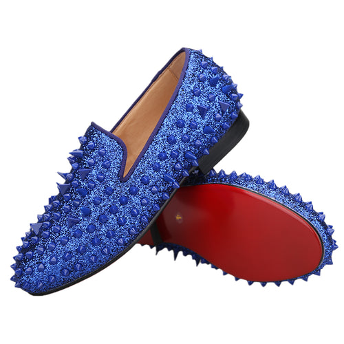 OneDrop Men Handmade Royal Blue Cow Leather Studded Dress Shoes Red Bottom  Wedding Party Prom Loafers
