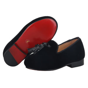 OneDrop Handmade Black Velvet Children Flat Shoes Tassel Kid Loafers For Birthday Red Color Outsole
