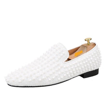 OneDrop Handmade White Spikes Men Slip-On Smoking Slippers Red Outsole Party Wedding Birthday Prom Loafers