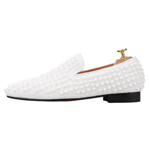 OneDrop Handmade White Spikes Men Slip-On Smoking Slippers Red Outsole Party Wedding Birthday Prom Loafers