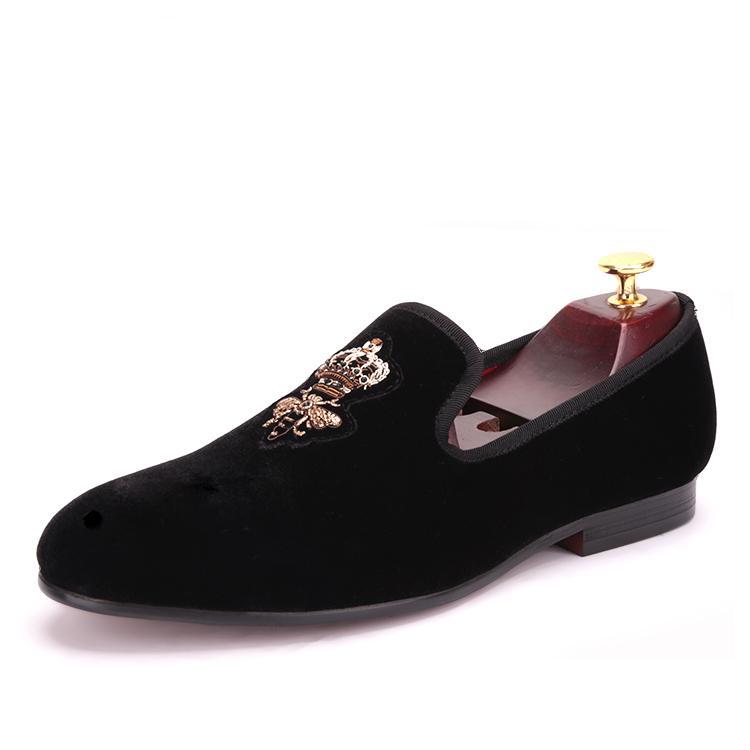 OneDrop Handmade Bees Indian Silk Embroidery Men Dress Shoes Velvet Wedding Prom Party Loafers Gold / 9.5