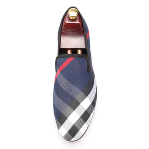 OneDrop Handmade Dress Shoes Blue White Plaid Canvas Men Leather Insole Wedding Party Prom Loafers