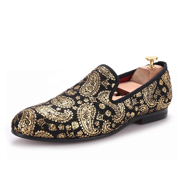 OneDrop Handmade Gold Cashew Flower Print Men Velvet Dress Shoes Party Wedding Prom Loafers