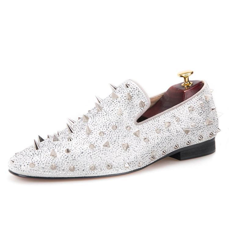 OneDrop Handmade Dress Shoes Spikes Diamond Men Glitter Leather Party Wedding Prom Loafers Silver / 15.5 OneDrop Handmade Dress Shoes Spikes Diamond Men Glitter Leather Party Wedding Prom Loafers Silver / 15.5