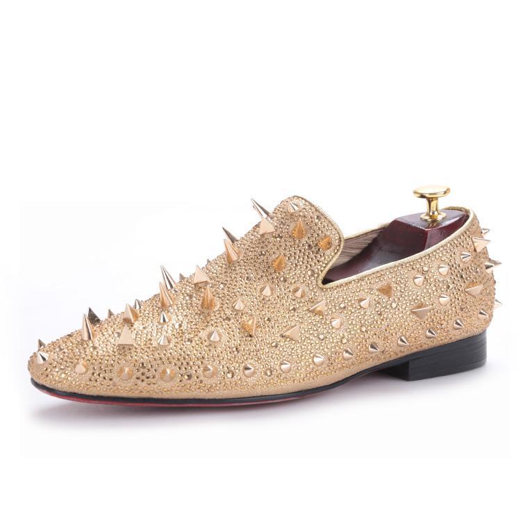 OneDrop Handmade Dress Shoes Spikes Diamond Men Glitter Leather Party Wedding Prom Loafers Gold / 8 OneDrop Handmade Dress Shoes Spikes Diamond Men Glitter Leather Party Wedding Prom Loafers Gold / 8