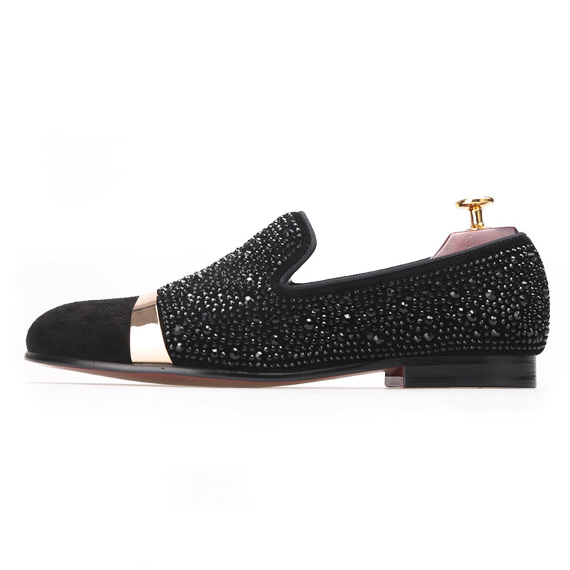 OneDrop Handmade Black Diamonds Men Dress Shoes Gold Strap Banquet Party Wedding Prom Loafers Black / 9