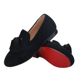 OneDrop Handmade Kid Children Black Suede Toddler Dress Shoes Tassel Red Bottom Baby Leather Insole Birthday Wedding Prom Party Loafers