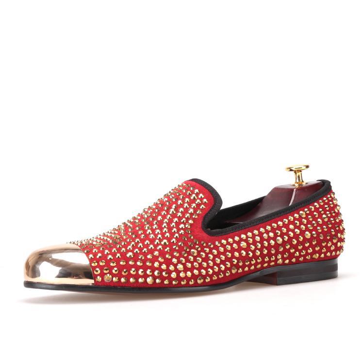 OneDrop Handmade Red Suede Men Dress Shoes Gold Rhinestone Gold Toe Metal Wedding Party Prom Loafers Red / 6 OneDrop Handmade Red Suede Men Dress Shoes Gold Rhinestone Gold Toe Metal Wedding Party Prom Loafers Red / 6
