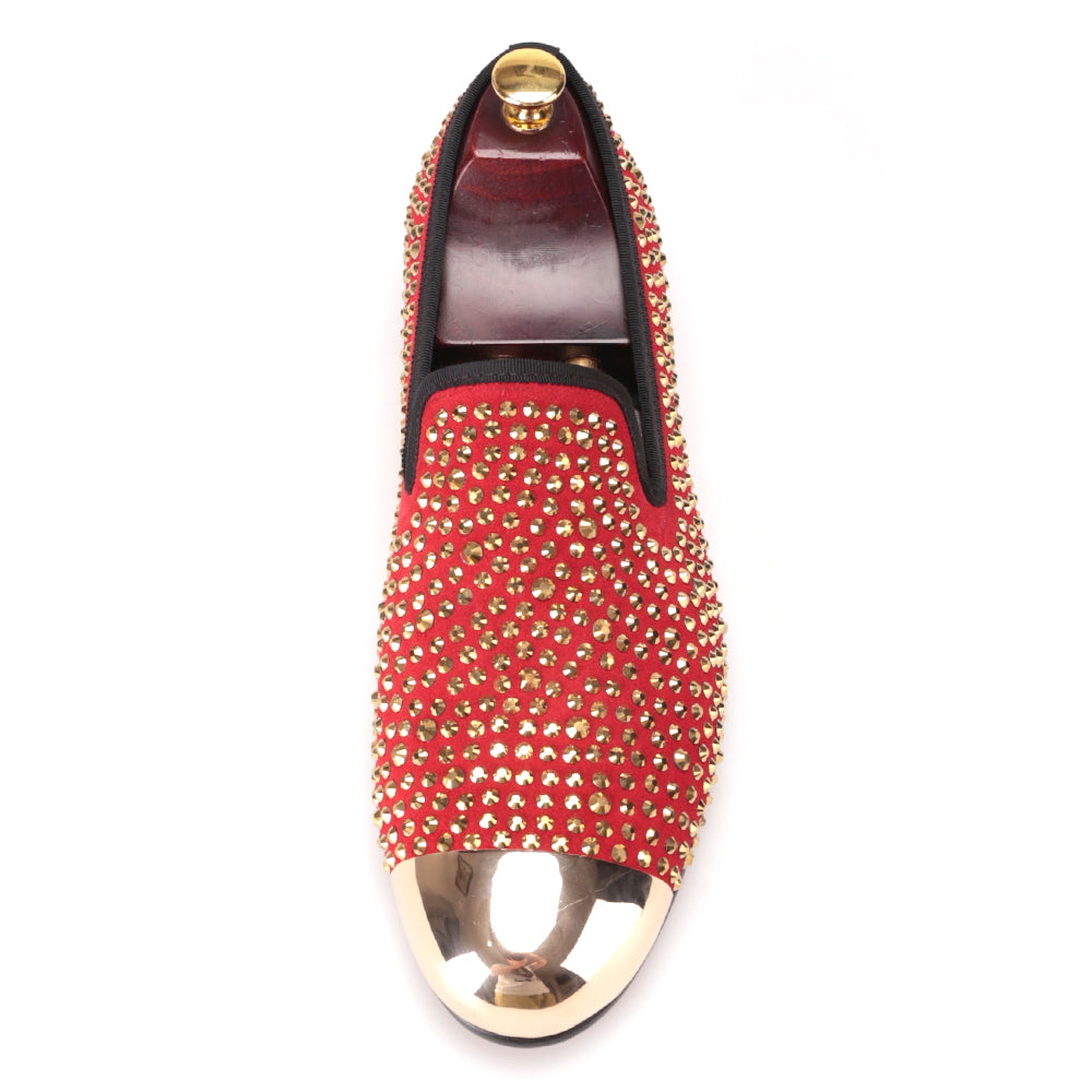 OneDrop Handmade Red Suede Men Dress Shoes Gold Rhinestone Gold Toe Metal Wedding Party Prom Loafers Red / 12.5 OneDrop Handmade Red Suede Men Dress Shoes Gold Rhinestone Gold Toe Metal Wedding Party Prom Loafers Red / 12.5