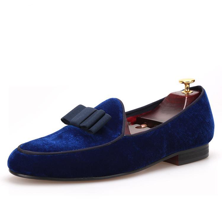 OneDrop Royal Velvet Handmade Men Dress Shoes Bowtie Prom Wedding Party Loafers Blue / 13.5