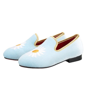 OneDrop Children Sky Blue Velvet Kid's Loafers Daisy Embroidery Handmade Toddler Birthday Shoes