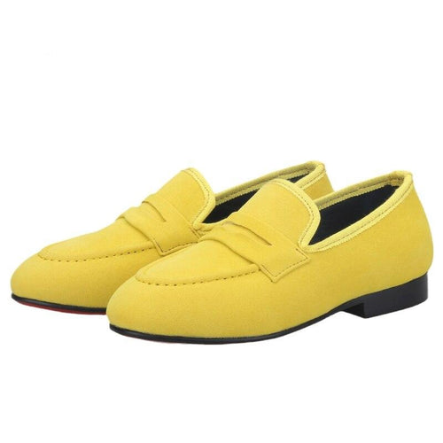 OneDrop Yellow Velvet Children Handmade Kid Penny Loafers Red Outsole Birthday Wedding Party Prom Shoes