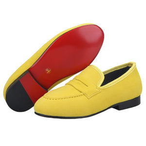 OneDrop Yellow Velvet Children Handmade Kid Penny Loafers Red Outsole Birthday Wedding Party Prom Shoes