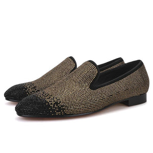 OneDrop Handmade Men Dress Shoes Suede Black Gold Rhinestone Party Wedding And Prom Loafers
