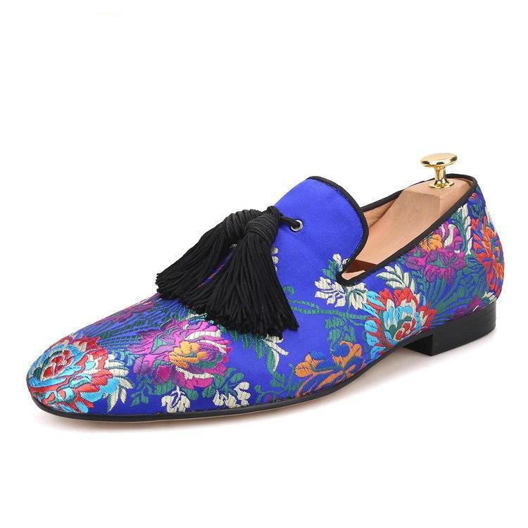 OneDrop Handmade Men Floral Wedding Party Prom Loafers Silk Dress Shoes Slippers Blue / 12