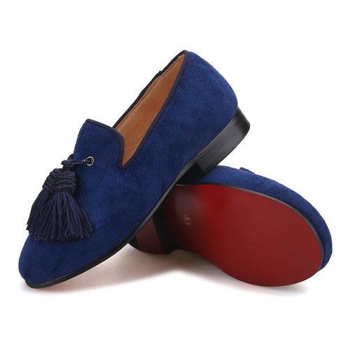 OneDrop Handmade Children Kid Dress Shoes Navy Cow Suede Tassel Party Wedding Prom Red Bottom Loafers