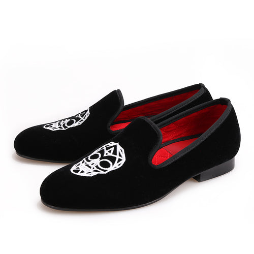 OneDrop Handmade Black Velvet Skull Embroidery Party Wedding Prom Loafers