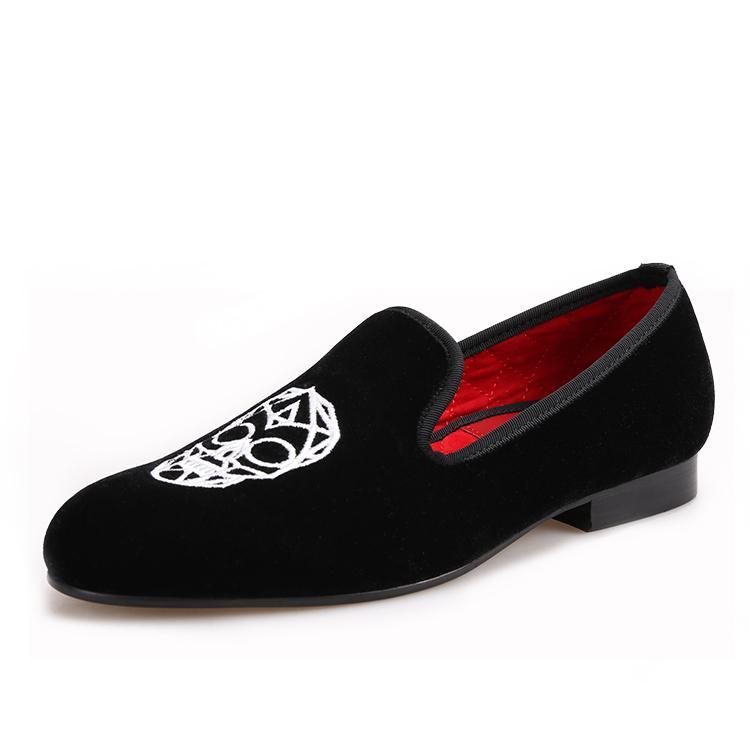 OneDrop Handmade Black Velvet Skull Embroidery Party Wedding Prom Loafers