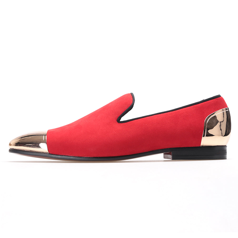 OneDrop Red Velvet Dress Shoes Handmade Men Gold Toe Party Wedding Prom Banquet Loafers Red / 10.5