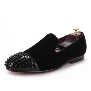 OneDrop Handmade Men Velvet Black Patent Leather Toe Rivets Prom Party Wedding Loafers
