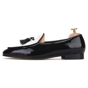 OneDrop Handmade Men Black Tassel Patent Leather Stitching White Canvas Party Wedding Prom Loafers