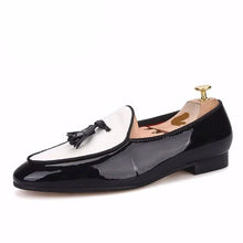 OneDrop Handmade Men Black Tassel Patent Leather Stitching White Canvas Party Wedding Prom Loafers