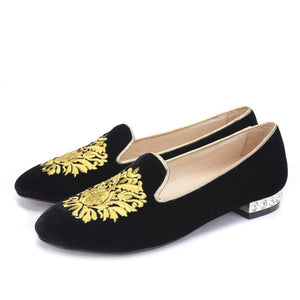 OneDrop Handmade Women Gold Flower Embroidery Velvet Dress Shoes Rhinestone Heel Party Wedding Prom Loafers