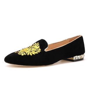 OneDrop Handmade Women Gold Flower Embroidery Velvet Dress Shoes Rhinestone Heel Party Wedding Prom Loafers