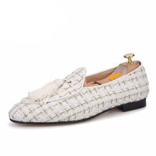 OneDrop Handmade Men White Mix Gold Knit Fabric Tassel Party Wedding Prom Loafers