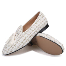 OneDrop Handmade Men White Mix Gold Knit Fabric Tassel Party Wedding Prom Loafers