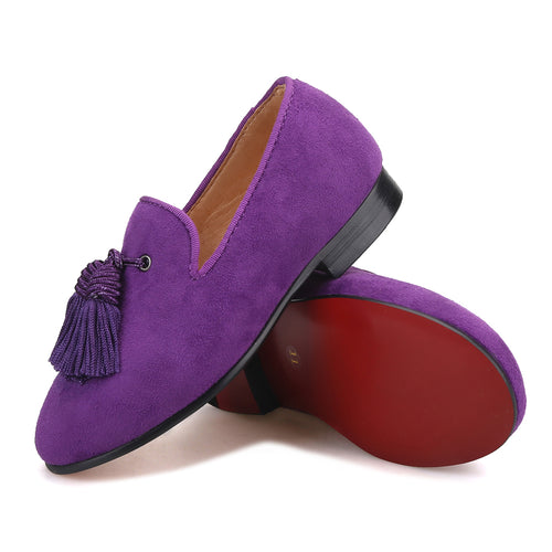 OneDrop Handmade Children Kid Dress Shoes Purple Cow Suede Tassel Party Wedding Prom Red Bottom Loafers