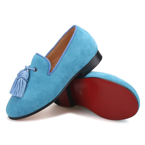 OneDrop Handmade Children Kid Dress Shoes Sky Blue Cow Suede Tassel Party Wedding Prom Red Bottom Loafers