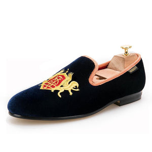 OneDrop Handmade Men Dress Shoes Refinement Embroidery Navy Upper Gold Outsole Velvet Wedding Party Prom Loafers