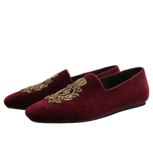 OneDrop Handmade Men Bungundy Velvet Wine Red DG Silk Embroidery Patches Slip-On Wedding Prom Banquet Party Loafers
