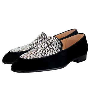 OneDrop Handmade Black Suede Men Austrian Real Crystals Luxury GZ Style Slip-On Wedding Prom Banquet Party Loafers Red Soles